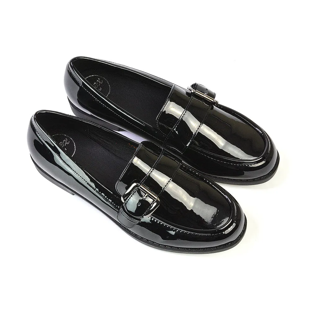 Kali Buckle Up School Shoes Loafers With Chunky Soles in Black Synthetic Leather