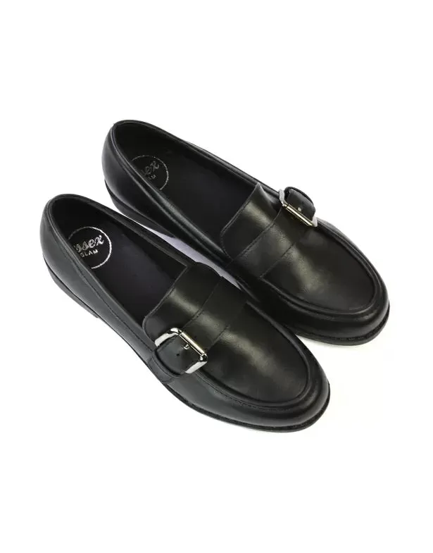 Kali Buckle Up School Shoes Loafers With Chunky Soles in Black Synthetic Leather