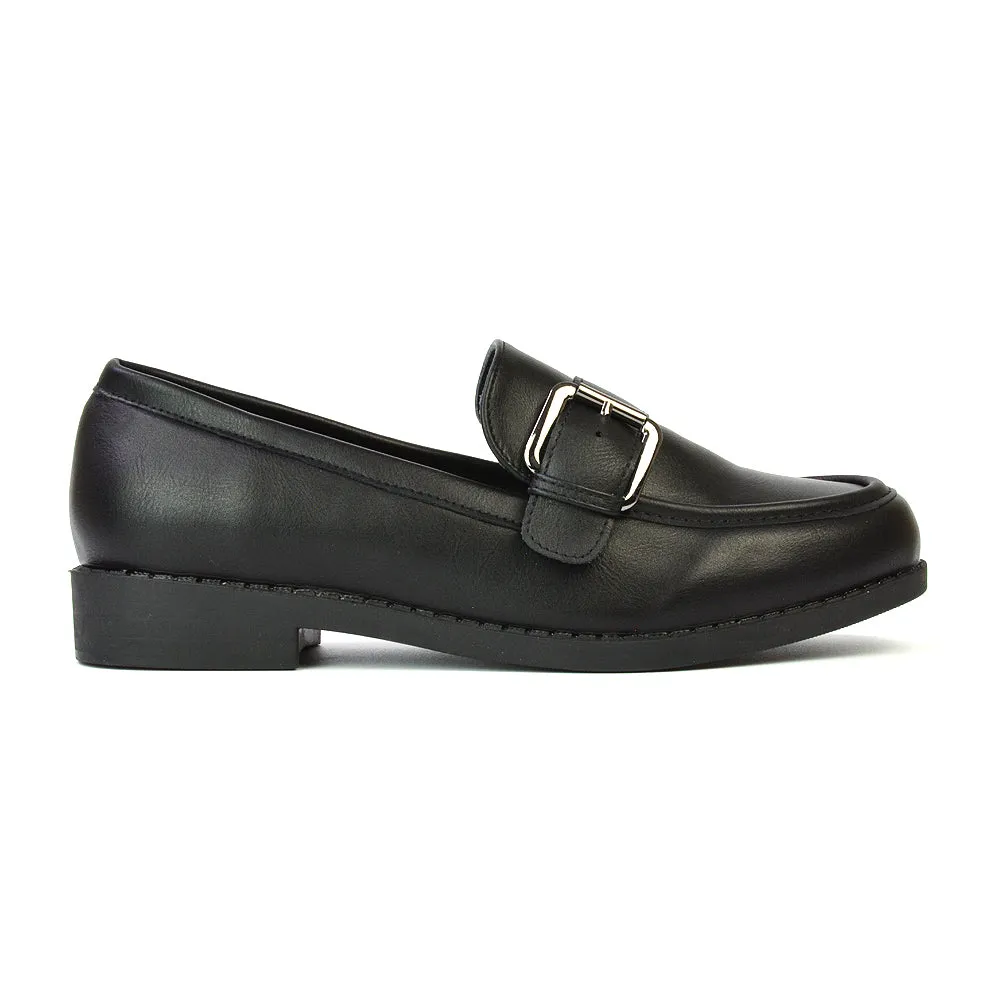 Kali Buckle Up School Shoes Loafers With Chunky Soles in Black Synthetic Leather