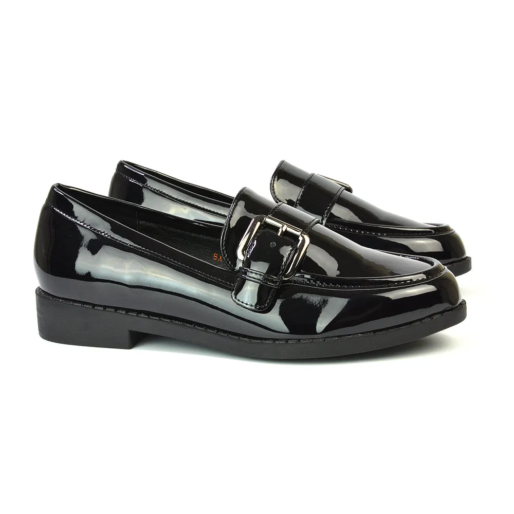 Kali Buckle Up School Shoes Loafers With Chunky Soles in Black Synthetic Leather