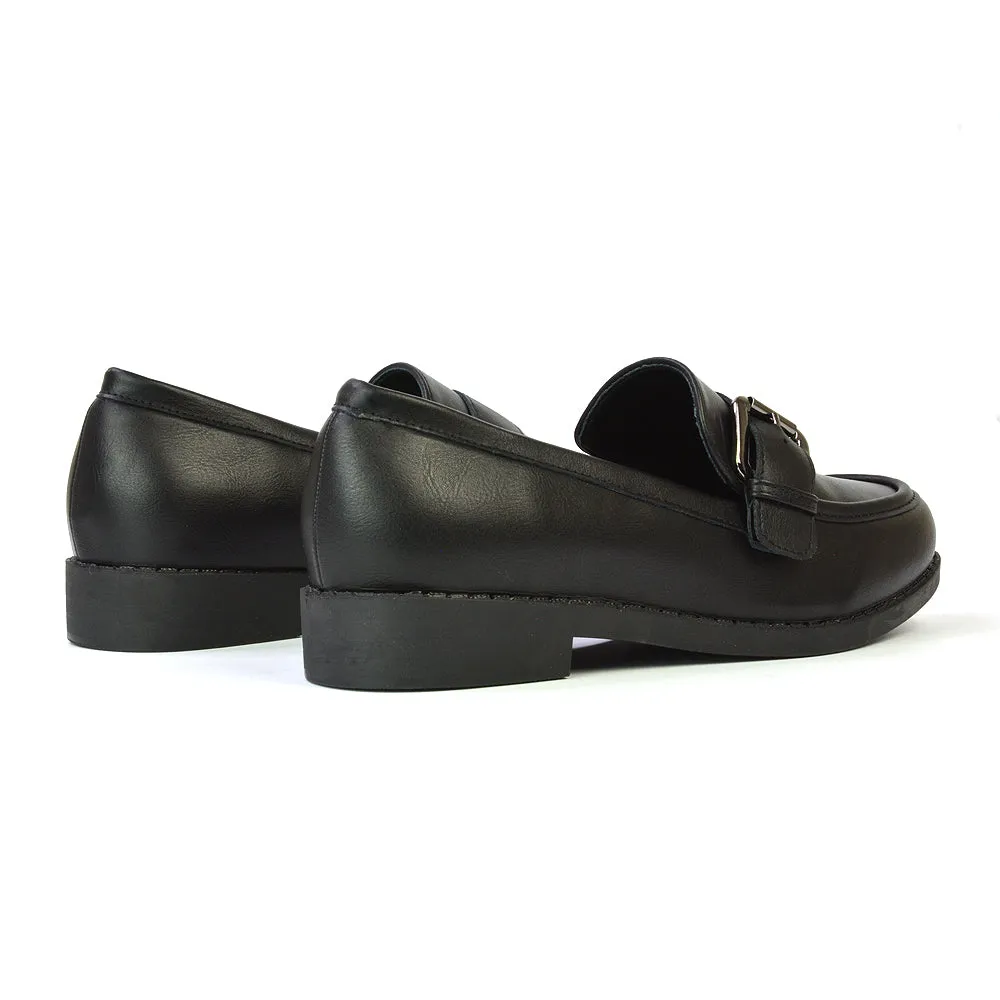 Kali Buckle Up School Shoes Loafers With Chunky Soles in Black Synthetic Leather