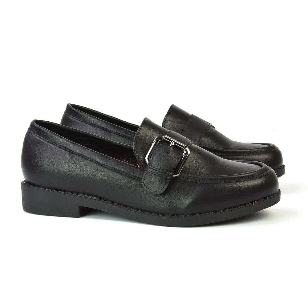 Kali Buckle Up School Shoes Loafers With Chunky Soles in Black Synthetic Leather