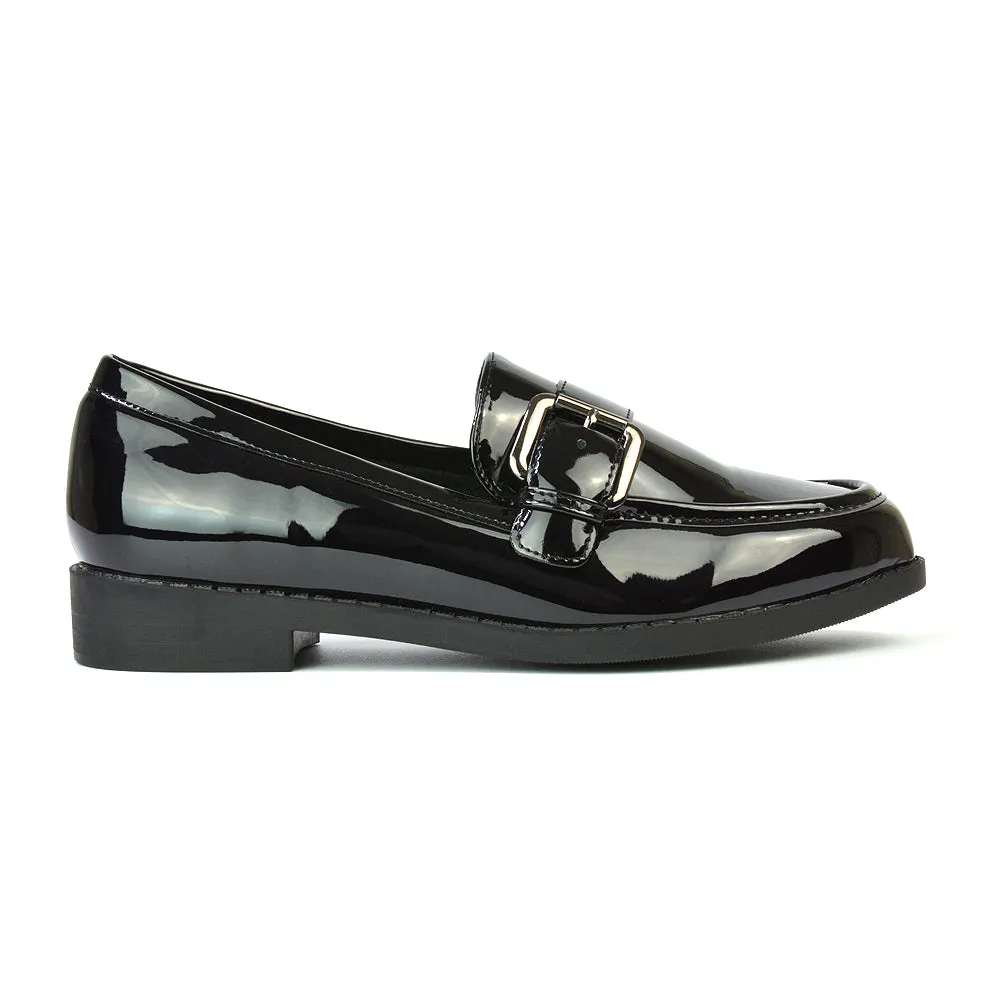 Kali Buckle Up School Shoes Loafers With Chunky Soles in Black Synthetic Leather