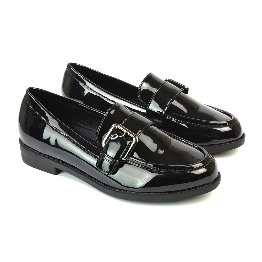 Kali Buckle Up School Shoes Loafers With Chunky Soles in Black Synthetic Leather