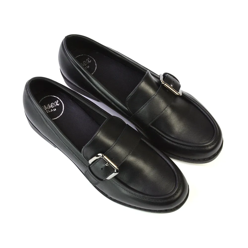 Kali Buckle Up School Shoes Loafers With Chunky Soles in Black Synthetic Leather