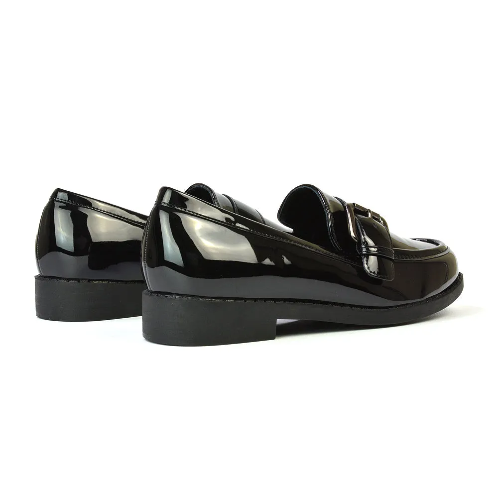 Kali Buckle Up School Shoes Loafers With Chunky Soles in Black Synthetic Leather