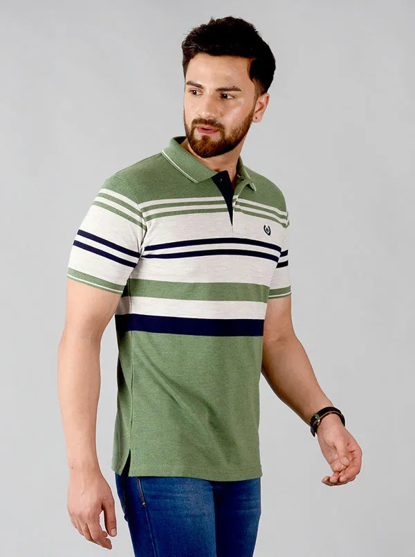 Kashmir Green Striped Slim Fit Polo T-shirt | Greenfibre