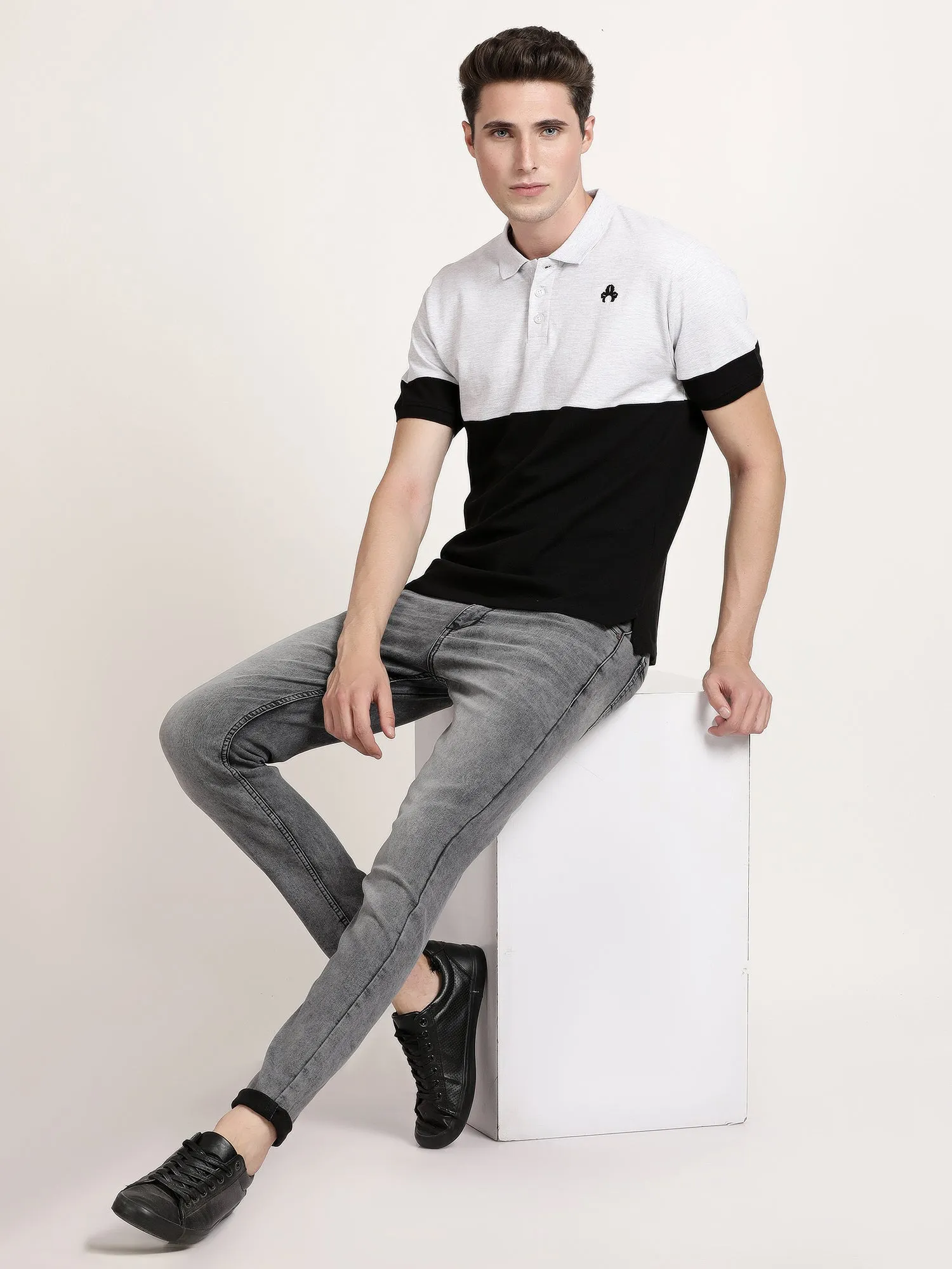 Men Black and White Polo Collar T-shirt (CRISPA3506)