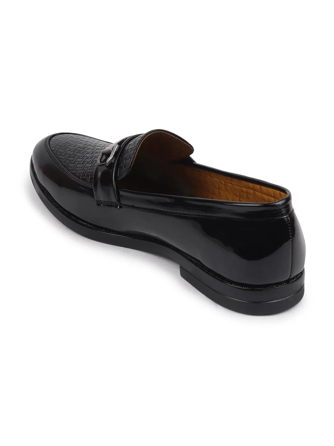 Men Black Patent Leather Party/Formal Horsebit Slip On Shoes with Textured Details