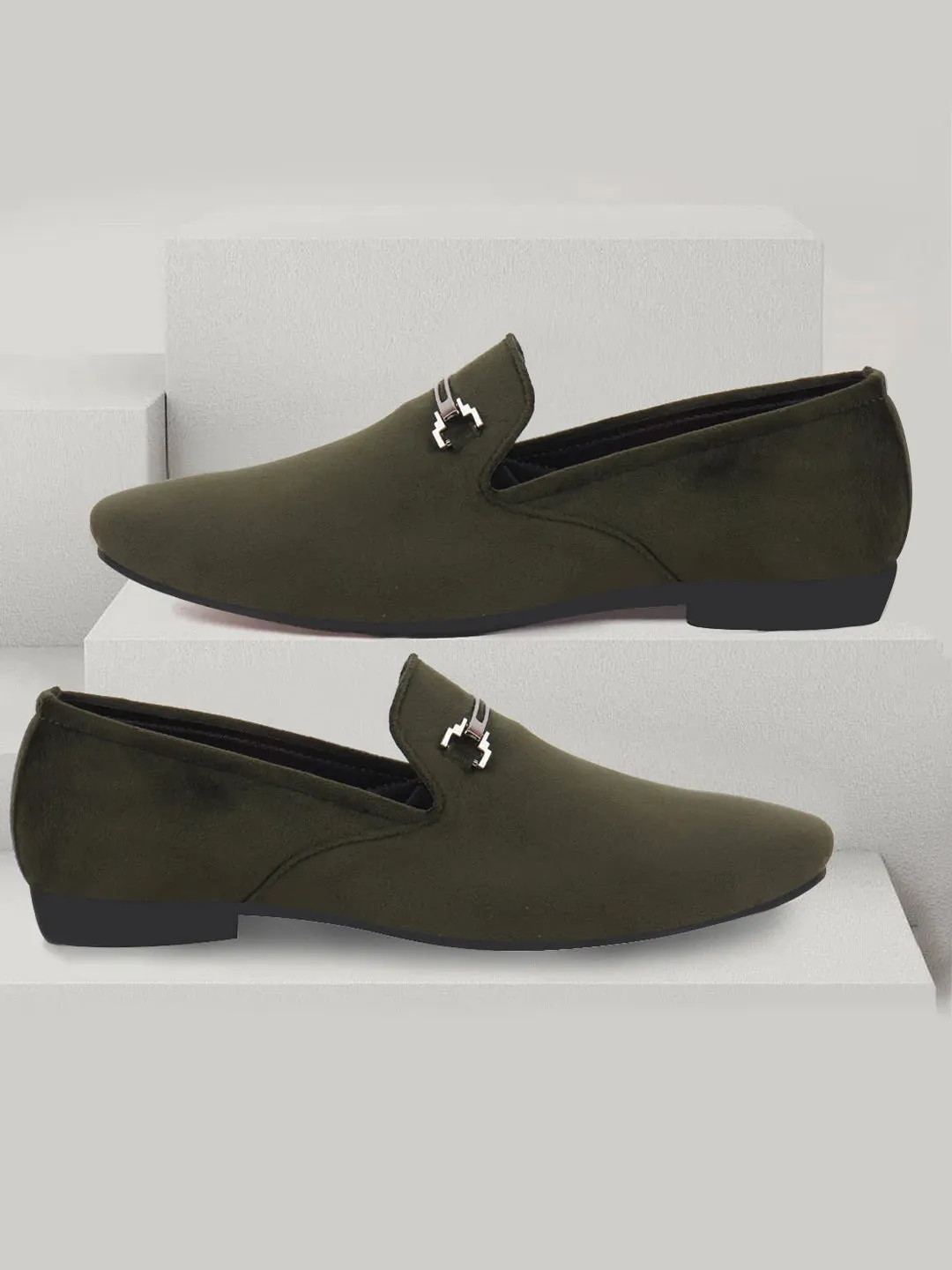 Men Olive Green Velvet Party Loafers Slip On Casual Shoes