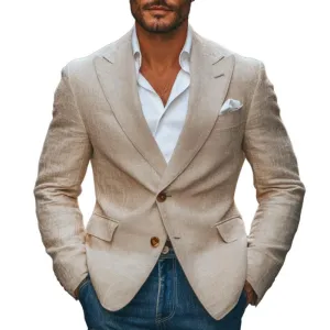 Men's Vintage Cotton Linen Peaked Lapel Single-Breasted Slim-Fit Blazer 08292255M