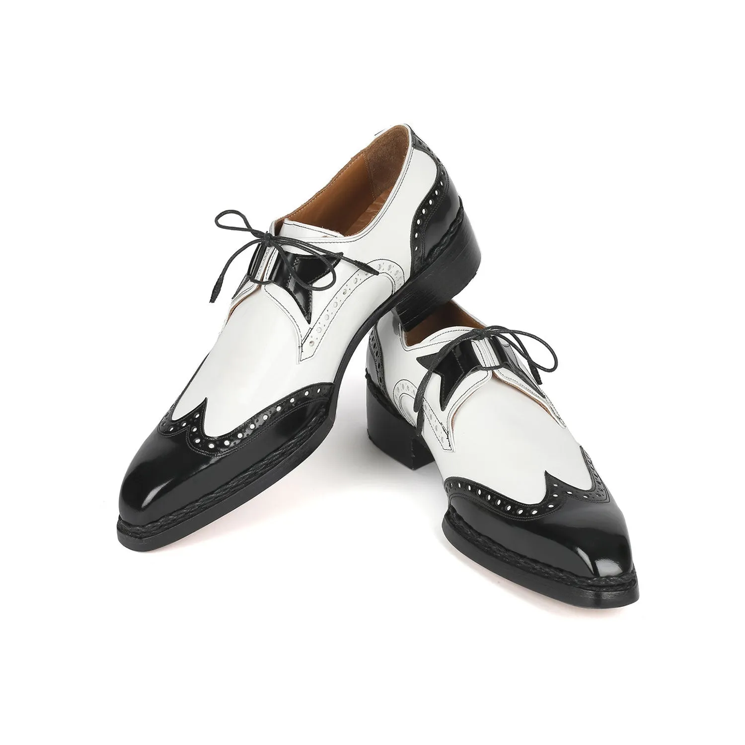 Paul Parkman 8505-BNW Men's Shoes Black & White Calf-Skin Leather Norwegian Welted Dress Wingtip Oxfords (PM6380)