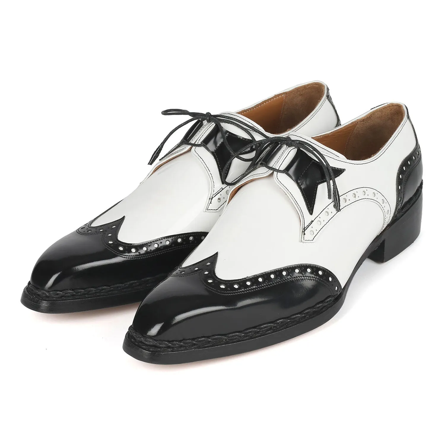 Paul Parkman 8505-BNW Men's Shoes Black & White Calf-Skin Leather Norwegian Welted Dress Wingtip Oxfords (PM6380)