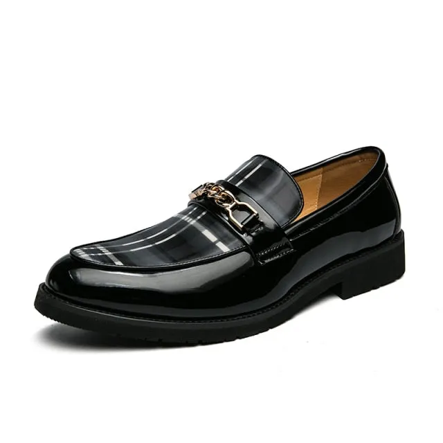 Plaid Pattern And Metal Chain Appliques Men Loafers