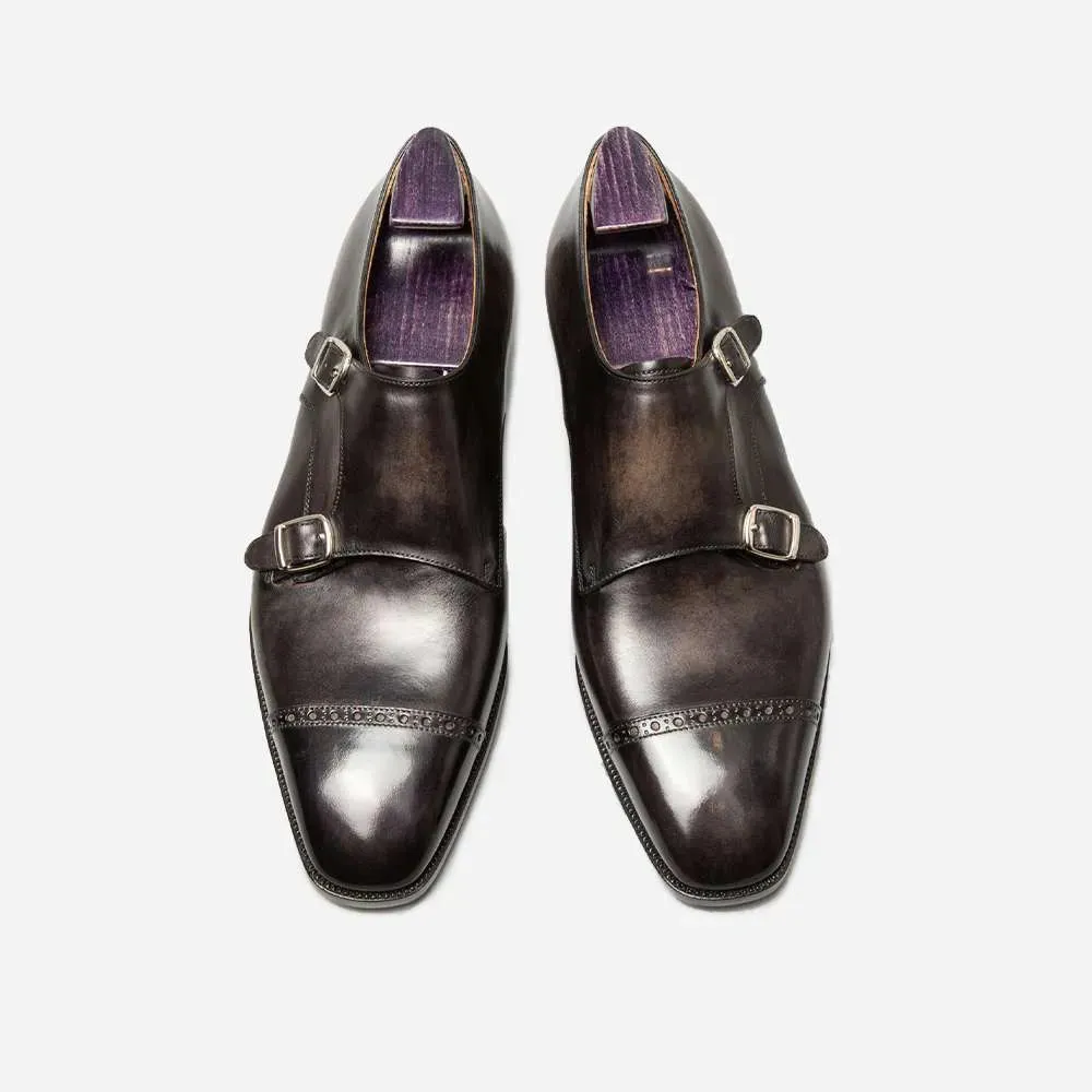 Punched Monk Strap Dark Leather Shoes by Italian Vega®