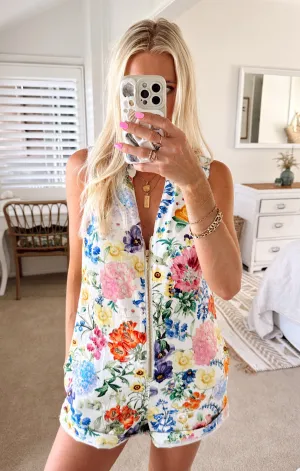 Reno Romper ~ Ivory Botanical Floral Denim