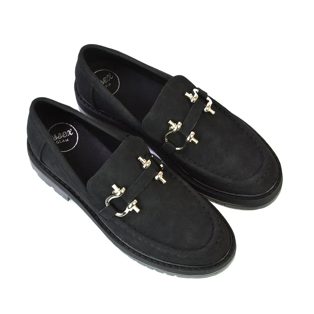 Riley Chunky Block Heel Loafers With Silver Buckle in Black Faux Suede