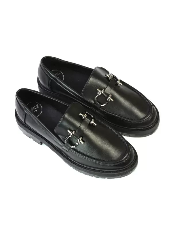 Riley Chunky Block Heel Loafers With Silver Buckle in Black Faux Suede