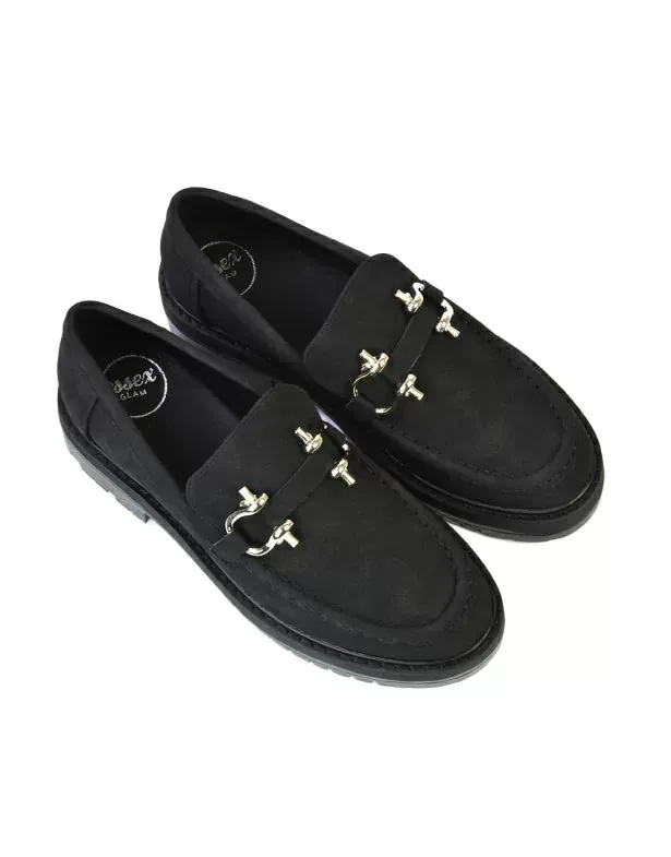 Riley Chunky Block Heel Loafers With Silver Buckle in Black Faux Suede