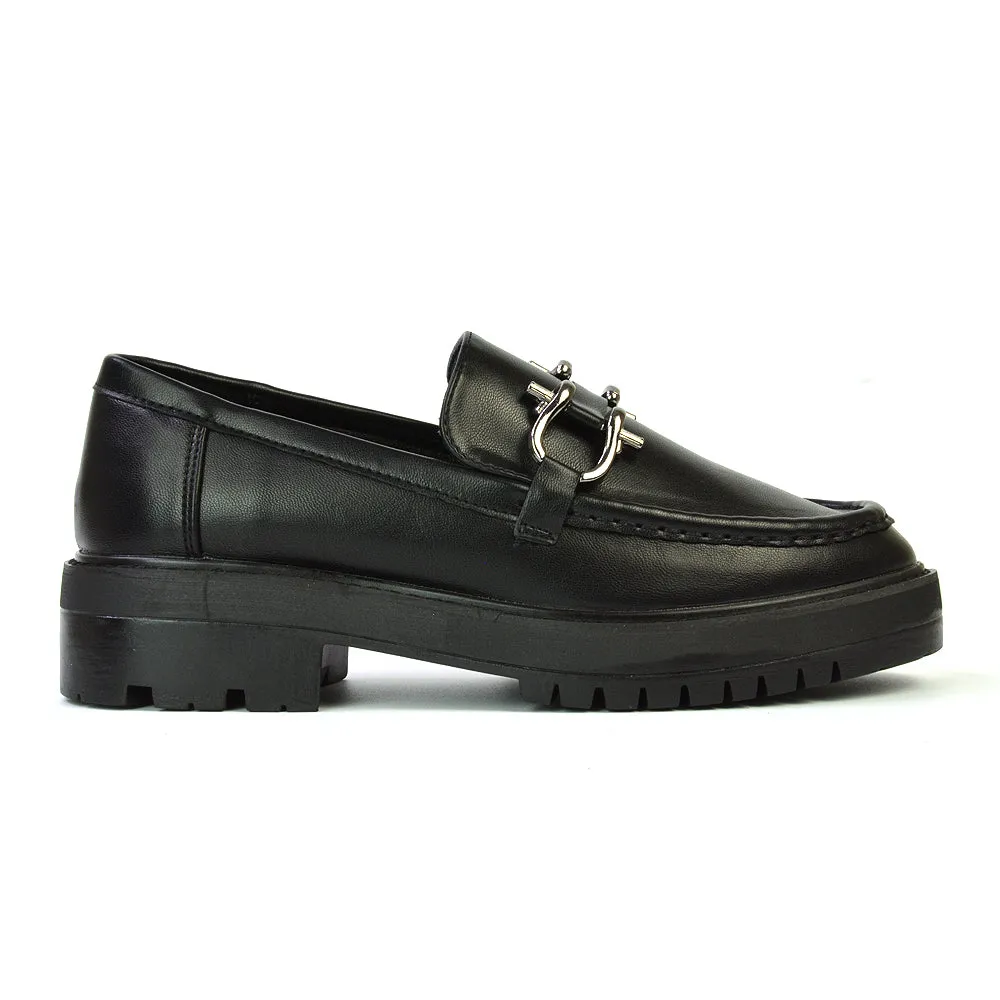 Riley Chunky Block Heel Loafers With Silver Buckle in Black Faux Suede