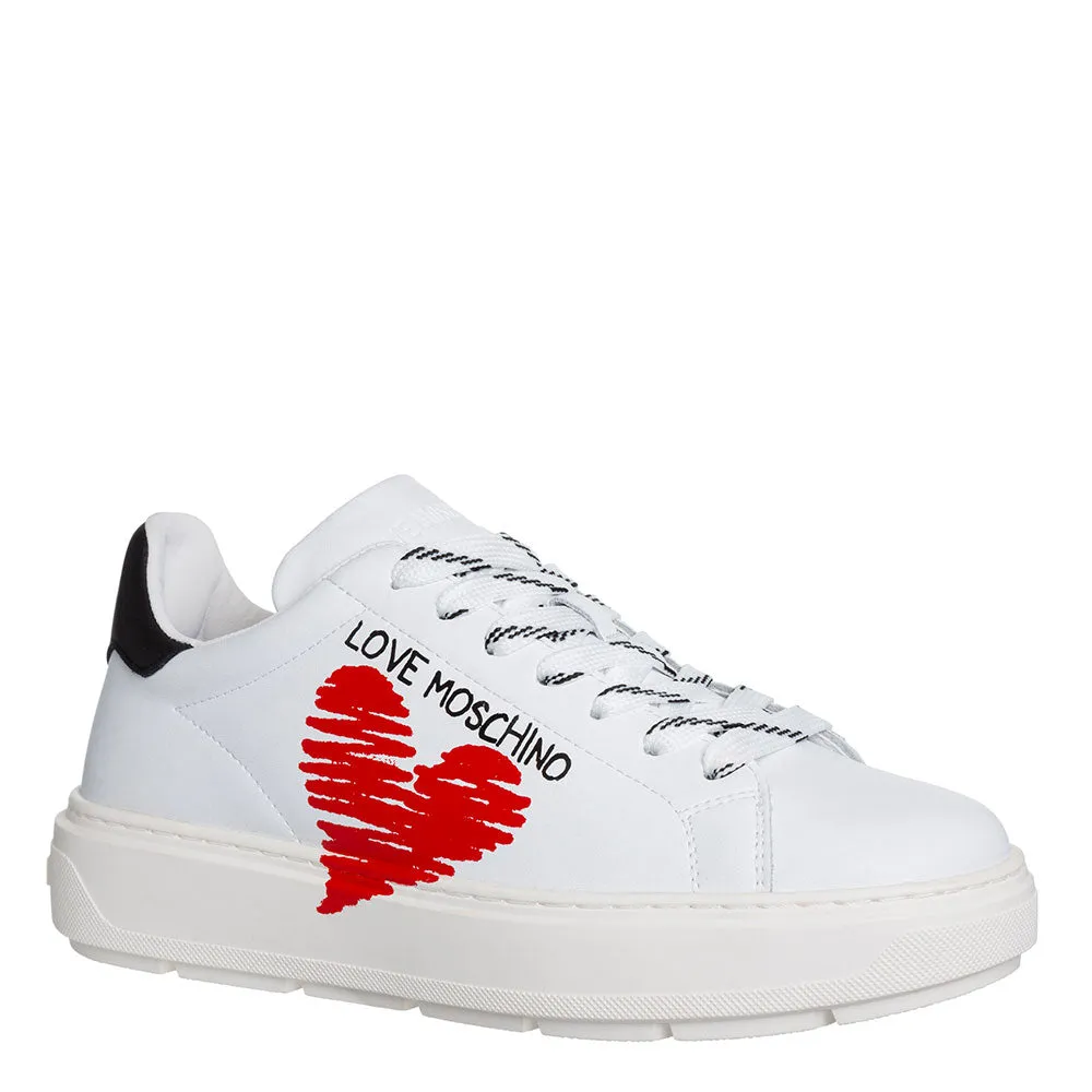 Scarpe Donna LOVE MOSCHINO Sneakers linea Bold in Pelle Bianca con Cuore Rosso