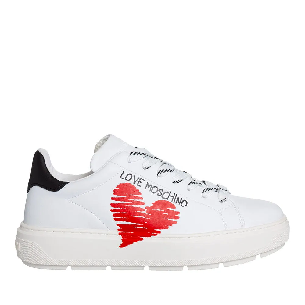 Scarpe Donna LOVE MOSCHINO Sneakers linea Bold in Pelle Bianca con Cuore Rosso