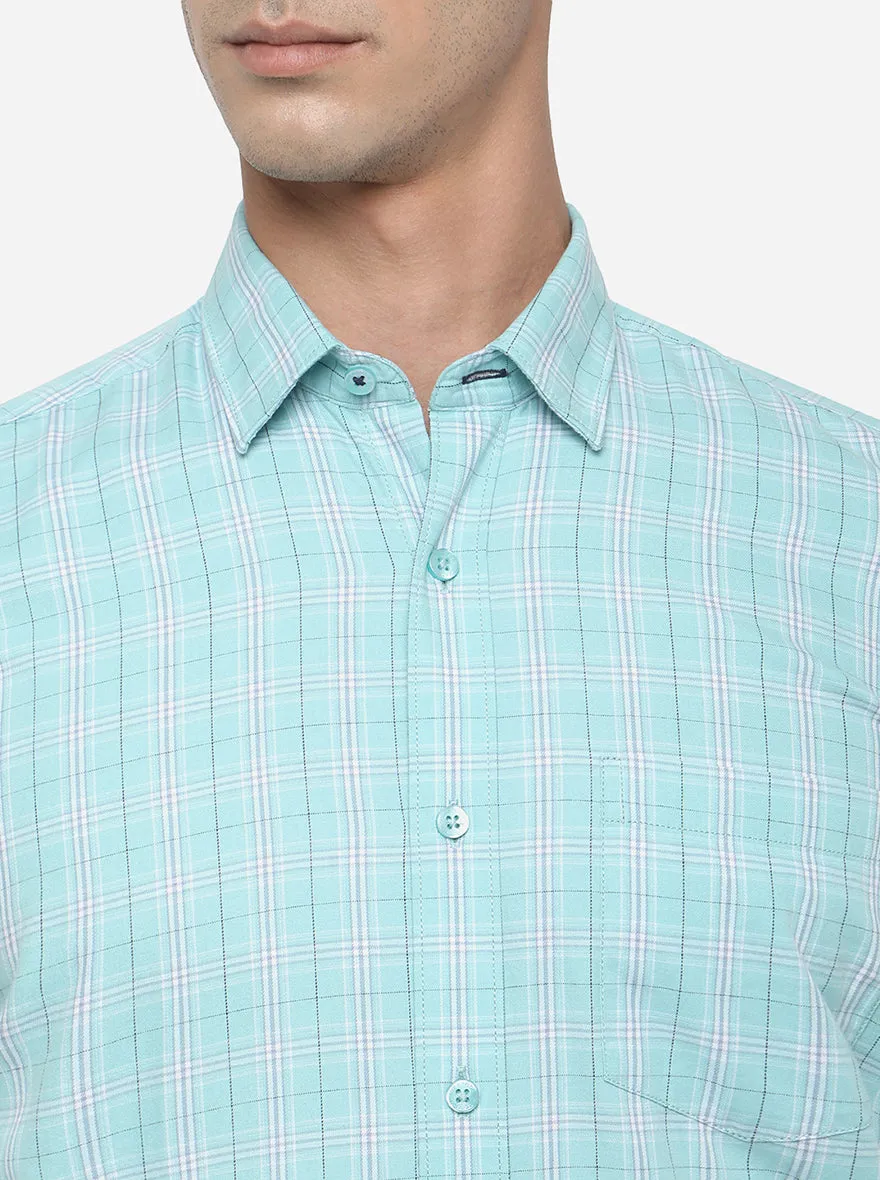 Turquoise Blue Checked Smart Fit Casual Shirt | Greenfibre