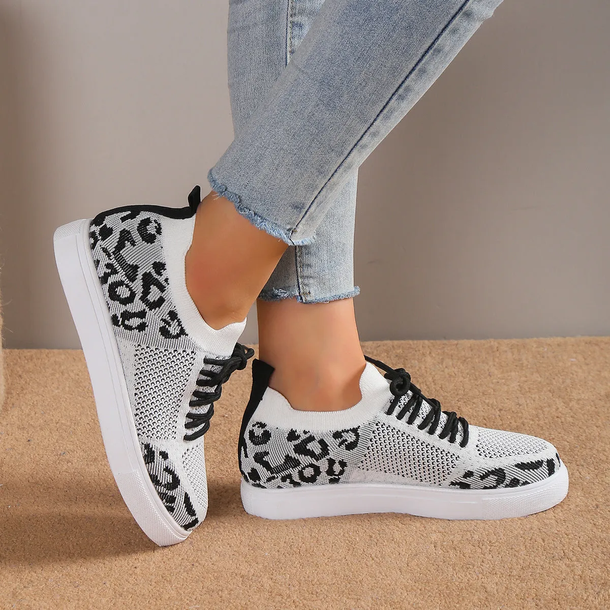 Women's Lace-Up Leopard Flat Sneakers