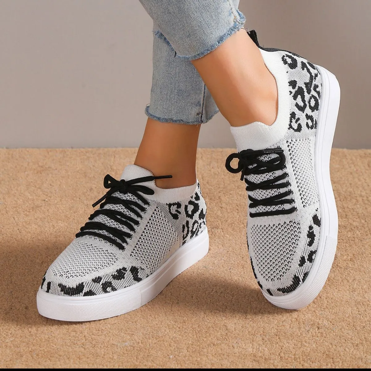 Women's Lace-Up Leopard Flat Sneakers